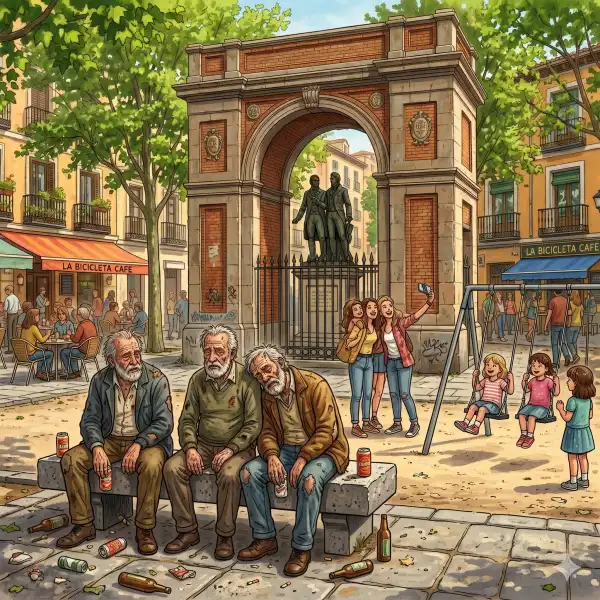 Plaza urbana soleada con contraste social: hombres bebiendo en bancos frente a turistas y niños en columpios bajo un arco monumental - Relato de realismo social en Akilon Blog - Relato sobre Bebidas en la plaza en Akilon Blog