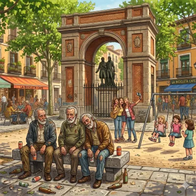 Plaza urbana soleada con contraste social: hombres bebiendo en bancos frente a turistas y niños en columpios bajo un arco monumental - Relato de realismo social en Akilon Blog - Relato sobre Bebidas en la plaza en Akilon Blog