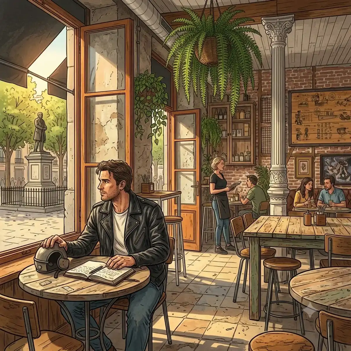 Ilustración vectorial detallada de un motorista solitario observando el interior del Café del Art desde una mesa junto a la ventana, con el entorno histórico de la plaza del Cascorro de fondo - Relato corto de tipo [Presagio] en Akilon Blog - Relato sobre Café del Art en Akilon Blog