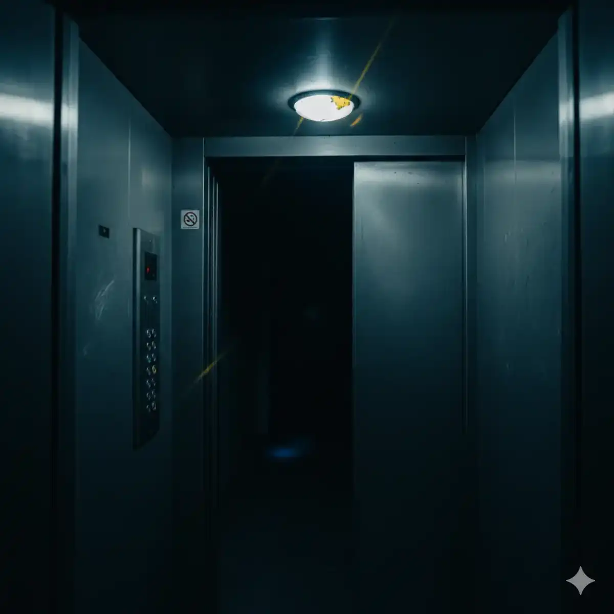 El interior de un ascendsor con la puertaabierta que muestra el oscuro rellano - Relato corto de suspense en Akilon Blog - Relato sobre Inanimado en Akilon Blog