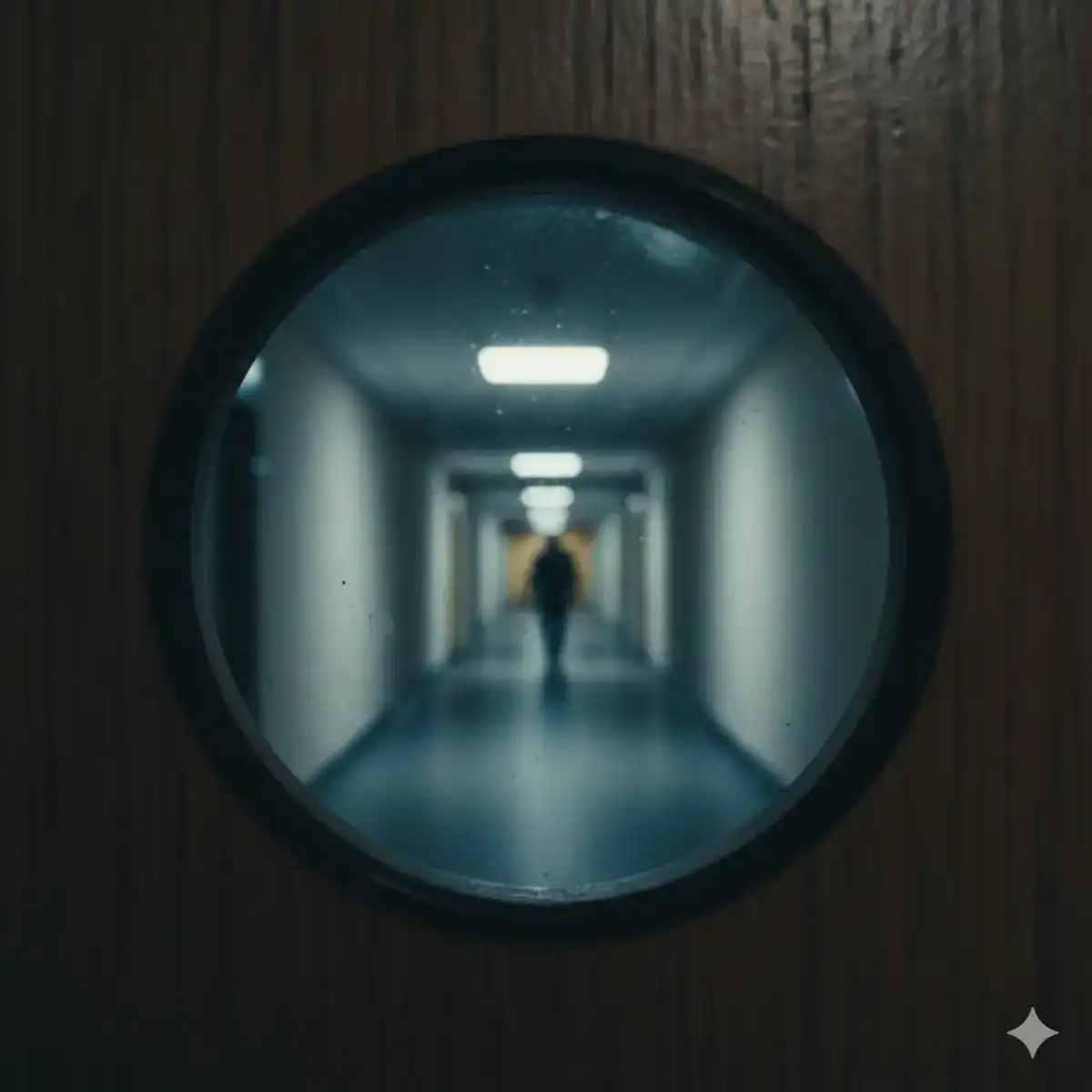 A través de la mirilla se ve a un hombre en un rellano con varias puertas - Relato corto romántico en Akilon Blog - Relato sobre Lejos de mí en Akilon Blog