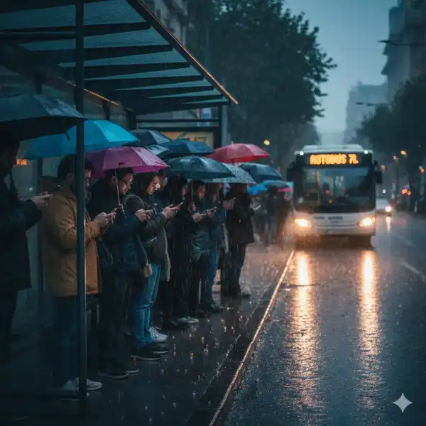 Grupo de personas resguardadas bajo marquesina en día de lluvia - Relato corto de suspense en Akilon Blog - Relato sobre No Mires Atrás en Akilon Blog