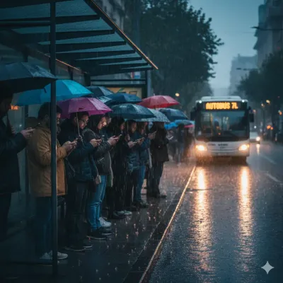 Grupo de personas resguardadas bajo marquesina en día de lluvia - Relato corto de suspense en Akilon Blog - Relato sobre No Mires Atrás en Akilon Blog