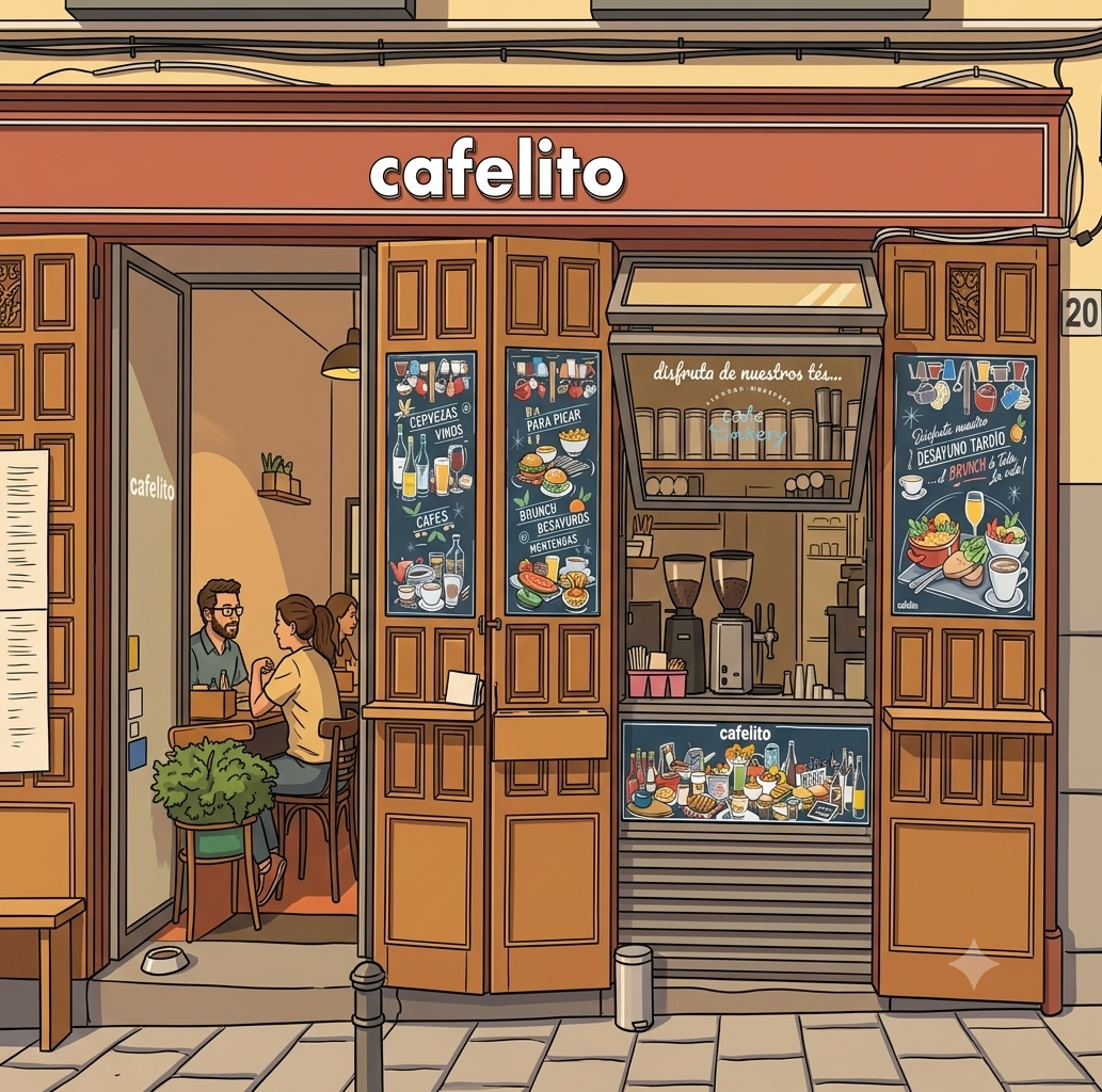 Ilustración estilo Línea Clara de la fachada de madera del bar Cafelito en Madrid, con sus carteles de menú manuscritos y clientes en el interior - Categoría Presagio en Akilon Blog - Relato sobre Cafelito en Akilon Blog