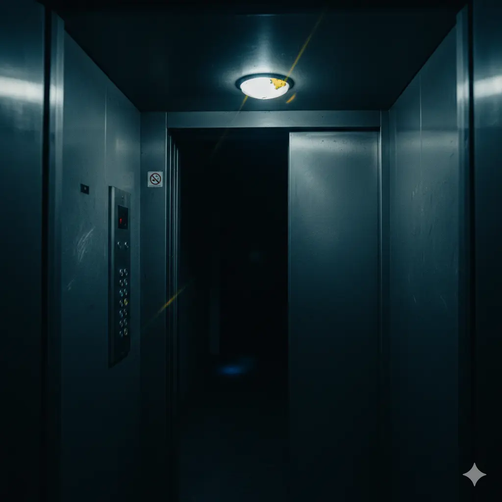 El interior de un ascendsor con la puertaabierta que muestra el oscuro rellano - Relato corto de suspense en Akilon Blog - Relato sobre Inanimado en Akilon Blog