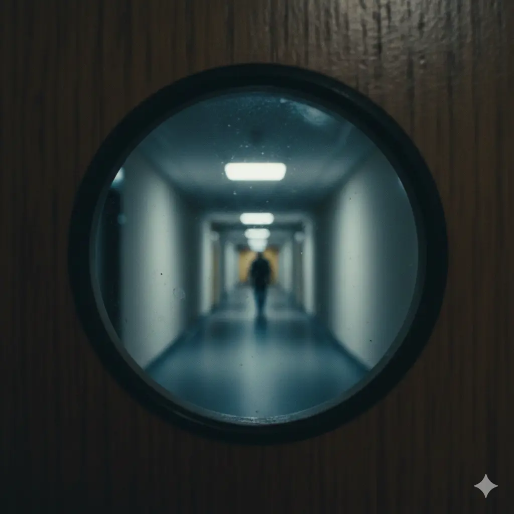 A través de la mirilla se ve a un hombre en un rellano con varias puertas - Relato corto romántico en Akilon Blog - Relato sobre Lejos de mí en Akilon Blog