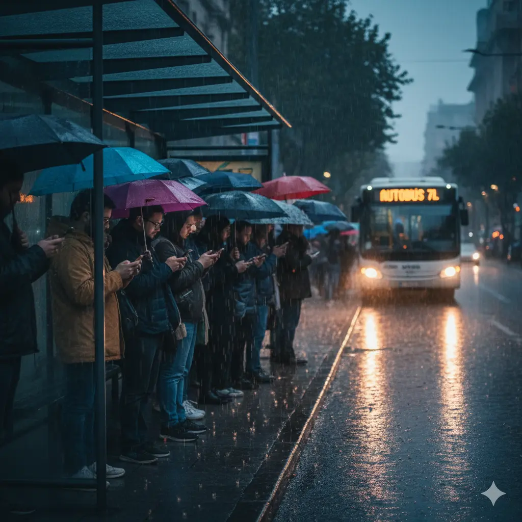 Grupo de personas resguardadas bajo marquesina en día de lluvia - Relato corto de suspense en Akilon Blog - Relato sobre No Mires Atrás en Akilon Blog