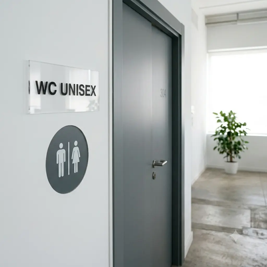 Primer plano de una puerta gris de oficina con un letrero de metacrilato que dice 'WC UNISEX' y un panel circular gris con pictogramas blancos de un hombre y una mujer estilizados. - Relato corto de ficción cotidiana de categoría Relámpago en Akilon Blog - Relato sobre Vigilantes en Akilon Blog